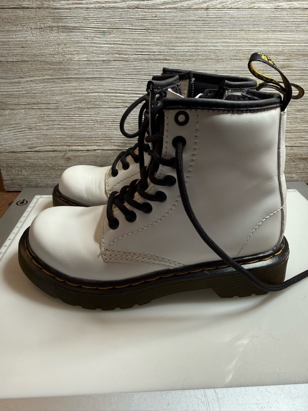 Dr. Martens Youth Size 12 White Leather Combat Boots with Black Trim